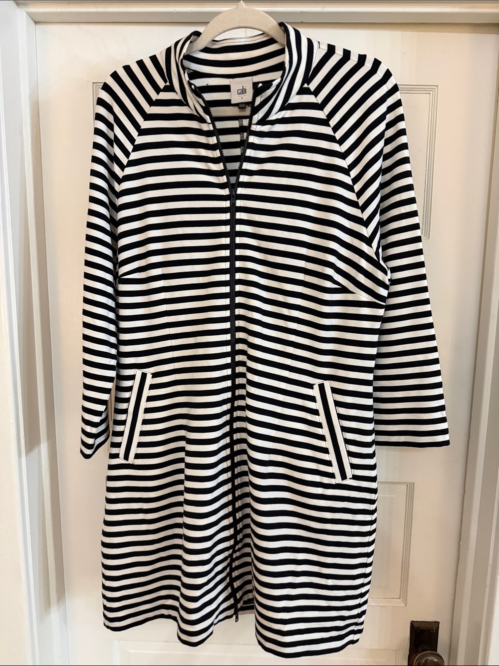 CAbi Black and White Striped Zip Front Dress Sz L New Without Tag